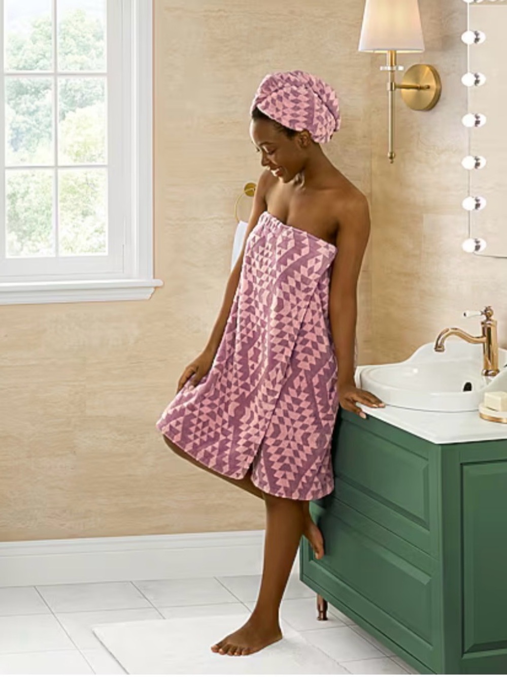 BearPaw Pink Geometric Terry Hair Wrap & Matching Towel Set